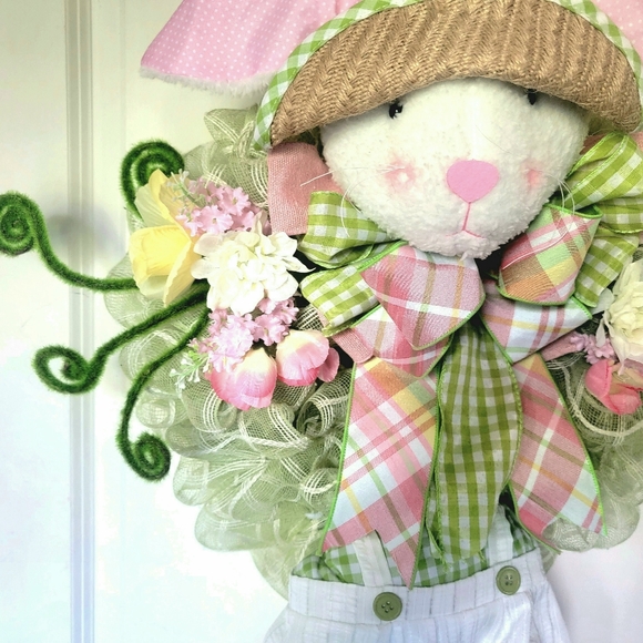 Spring Bunny Deco Mesh Bow Wreath Rabbit Greens Pinks - Picture 7 of 13